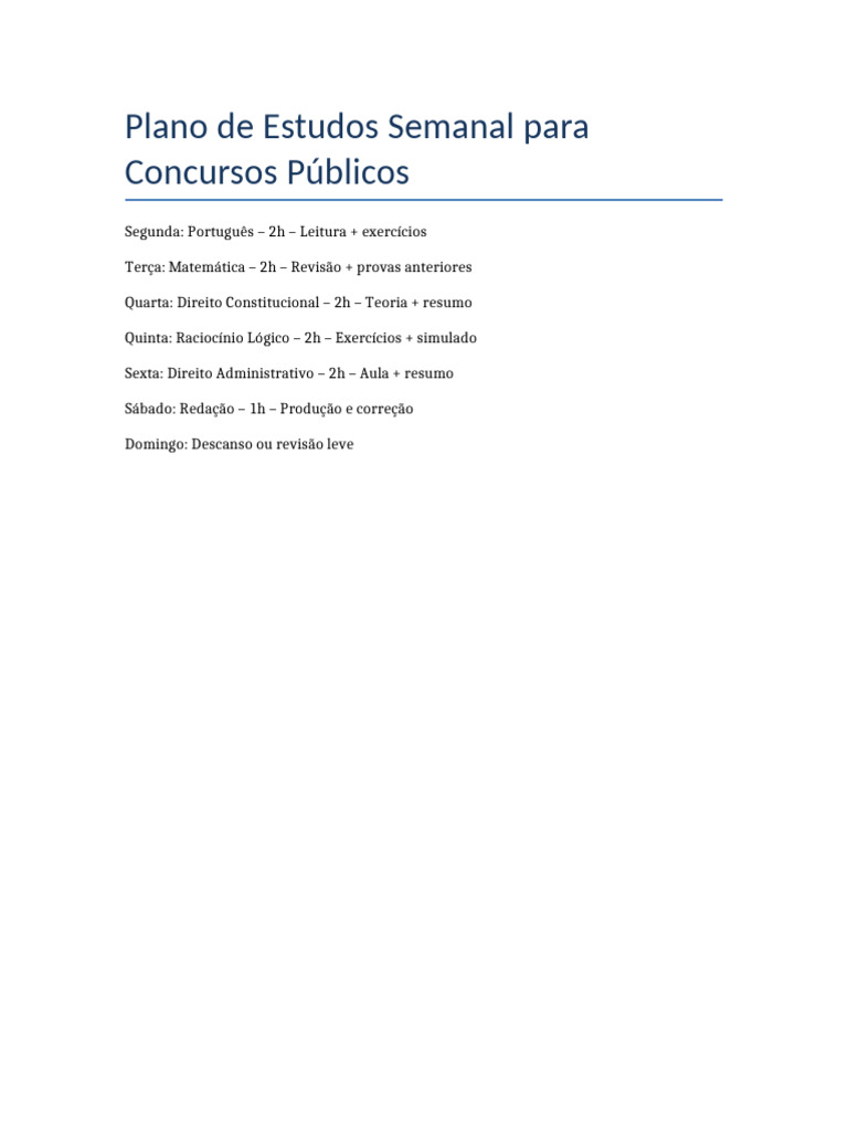 Plano Semanal de Estudos para Concursos | PDF