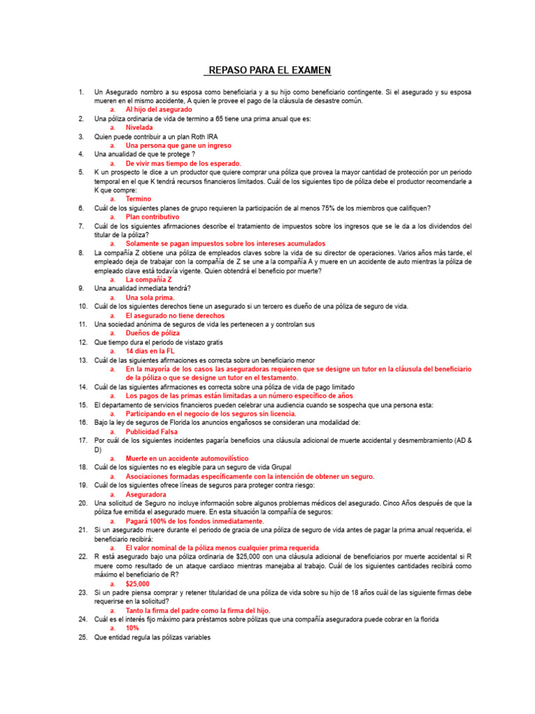Repaso para el Examen de Seguros de Vida | PDF | Póliza de seguros | Seguro