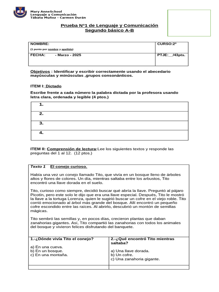 Prueba de Lenguaje Segundo Básico | PDF