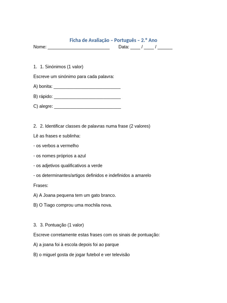 Ficha de Avaliação de Português 2.º Ano | PDF