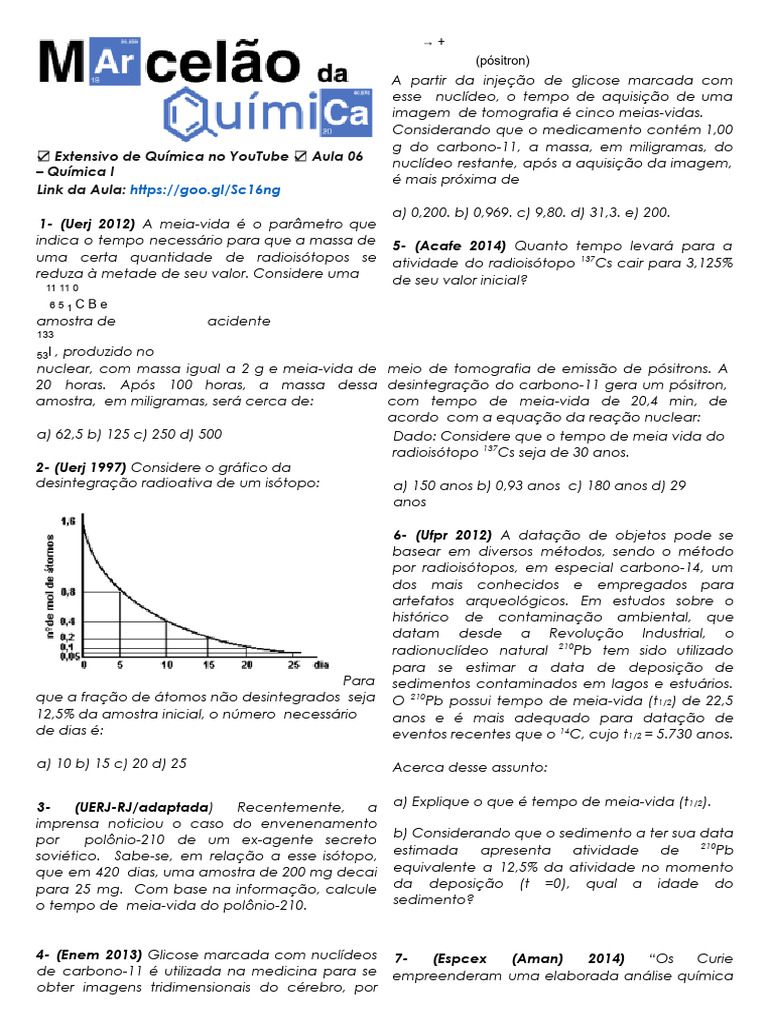 Aula06 Quimica1 Exercícios | PDF | Radioatividade | Radiação ...