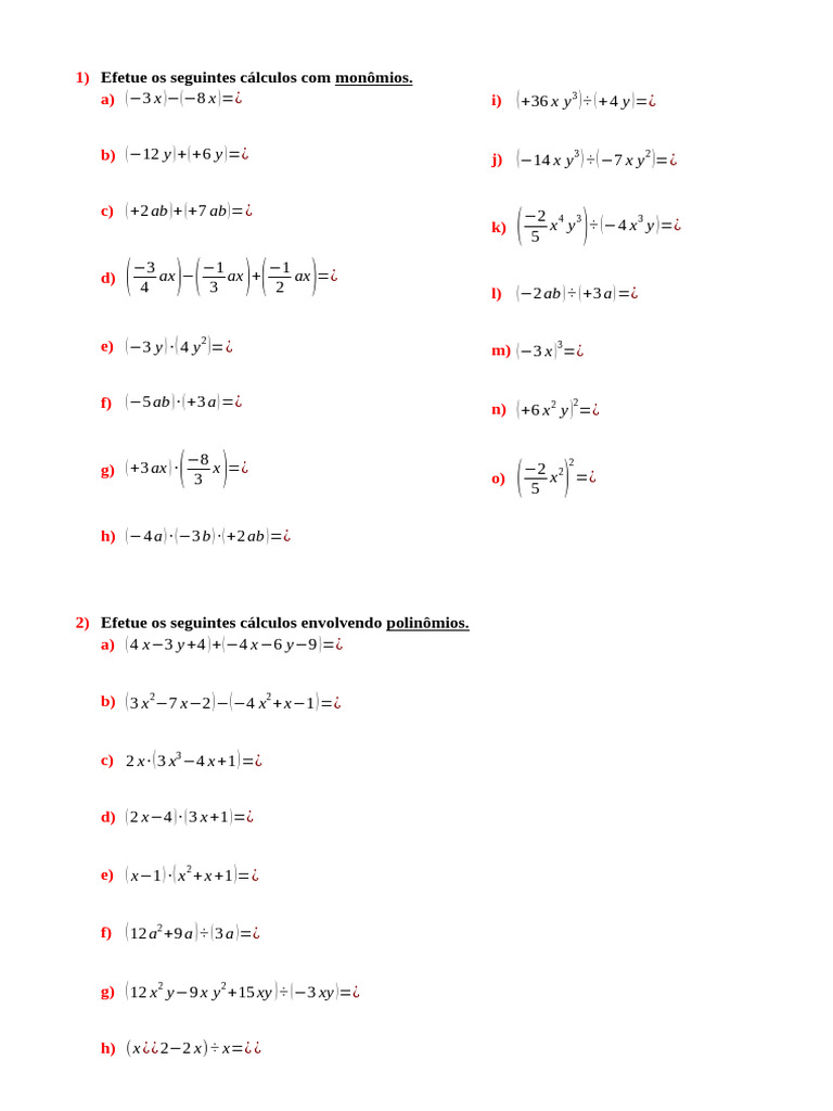 Cálculos com Monômios e Polinômios | PDF