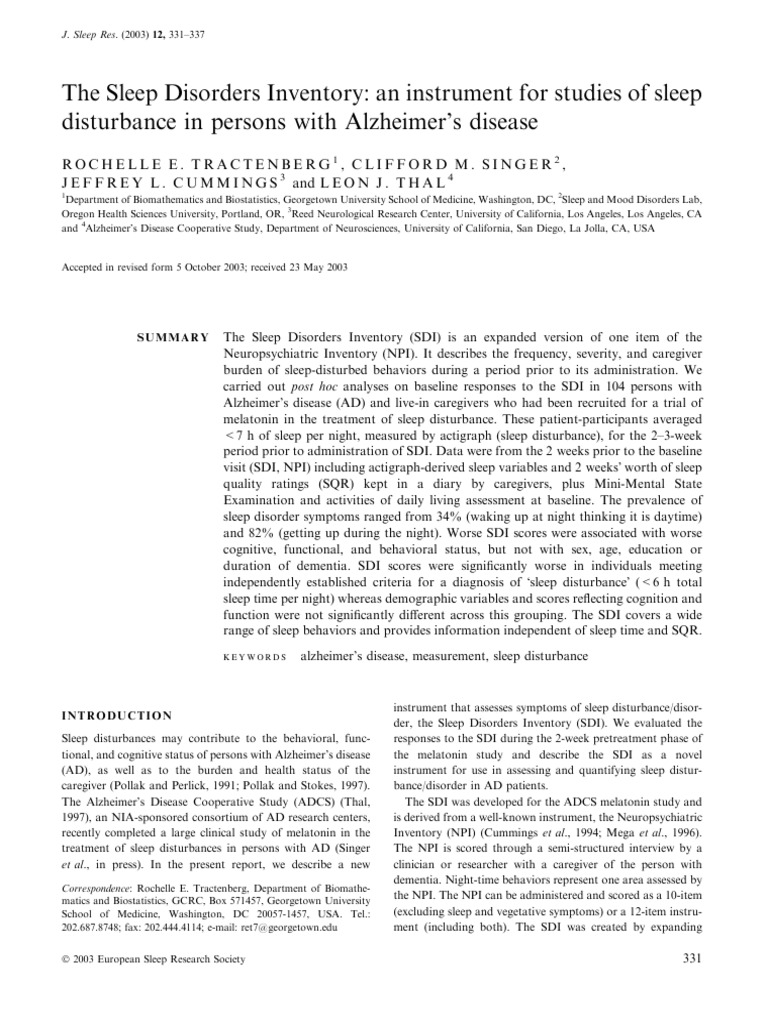 Sleep Disorders Inventory for Alzheimer's | PDF | Alzheimer's Disease ...