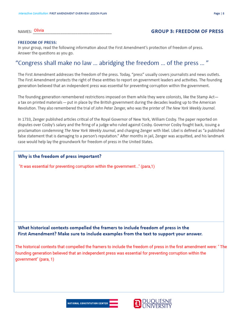 Kami Export - Olivia Kelly - FirstAmendmentOverview - LessonPlan | PDF