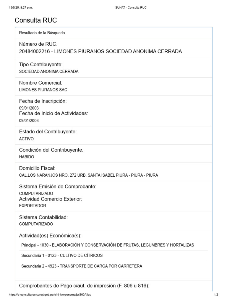 Ficha Ruc Limones | PDF