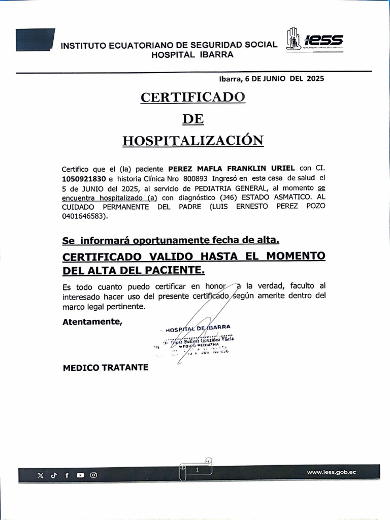 Cetrificado de Hospitalizacion | PDF