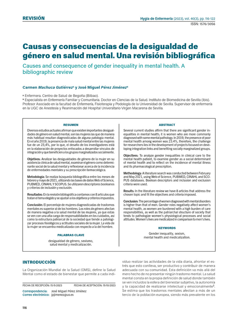 Causas y Consecuencias de La Desigualdad de Género en Salud Mental. Una ...