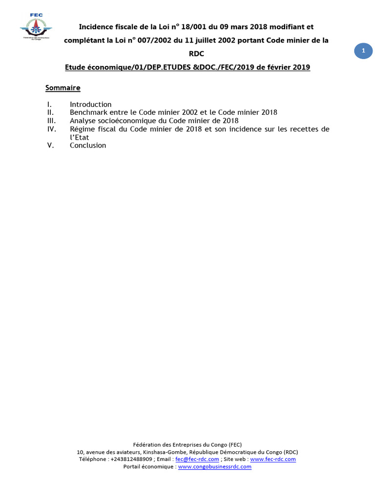 Incidence fiscale du Code minier 2018 RDC | PDF | République ...