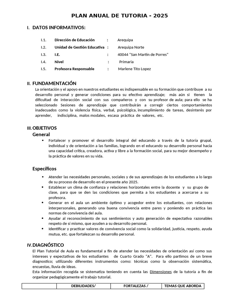 Plan de Tutoría 2025 para Primaria | PDF | Aprendizaje | Salón de clases