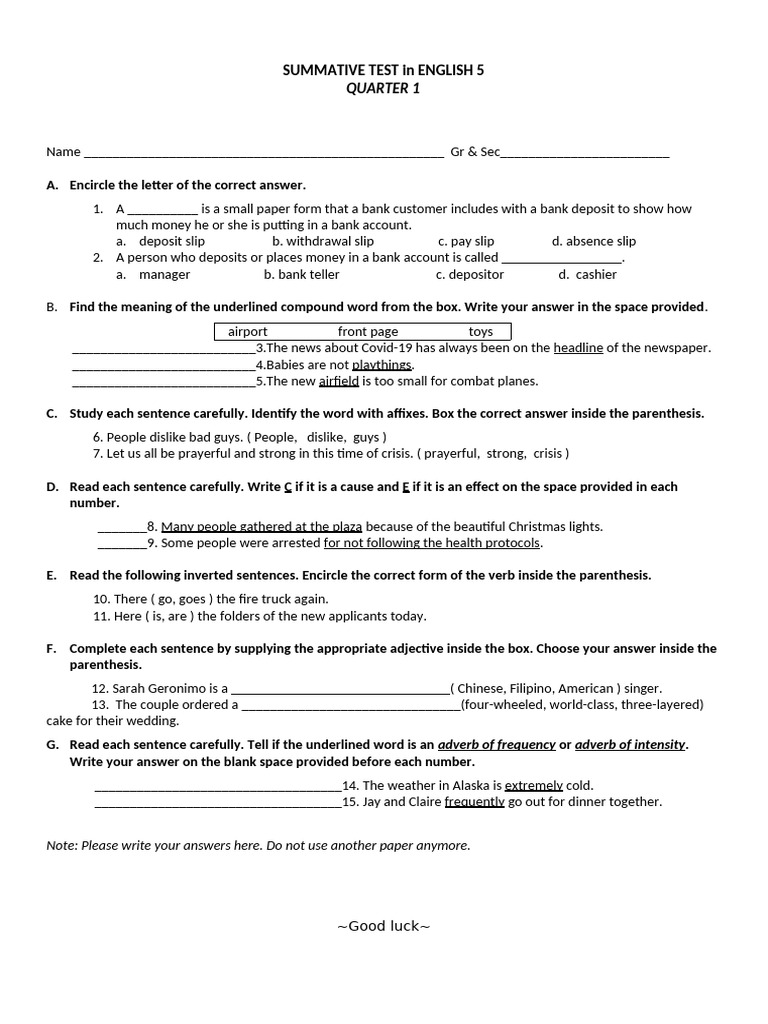 Summative Test in English 5 | PDF | Linguistics | Grammar