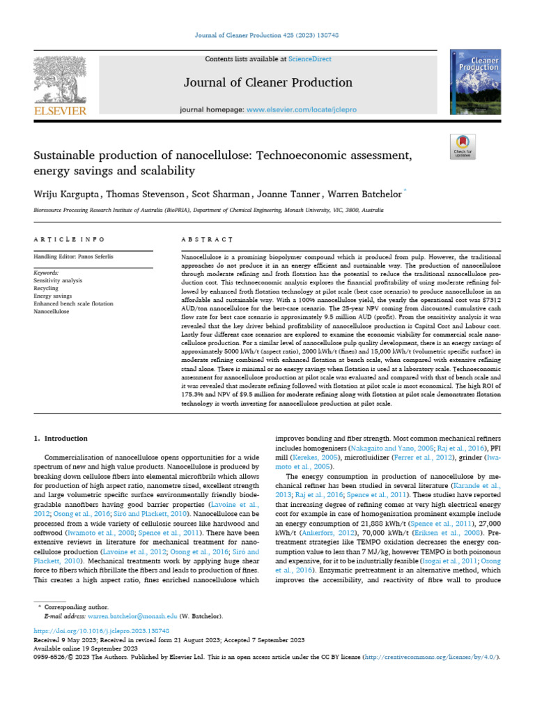 Sustainable Production of Nanocellulose. Technoeconomic Assessment ...