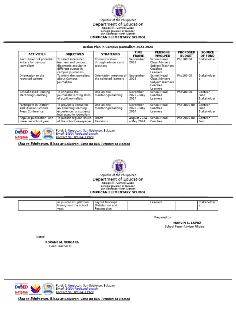 Umpucan Elementary School Journalism Plan | PDF | Philippines