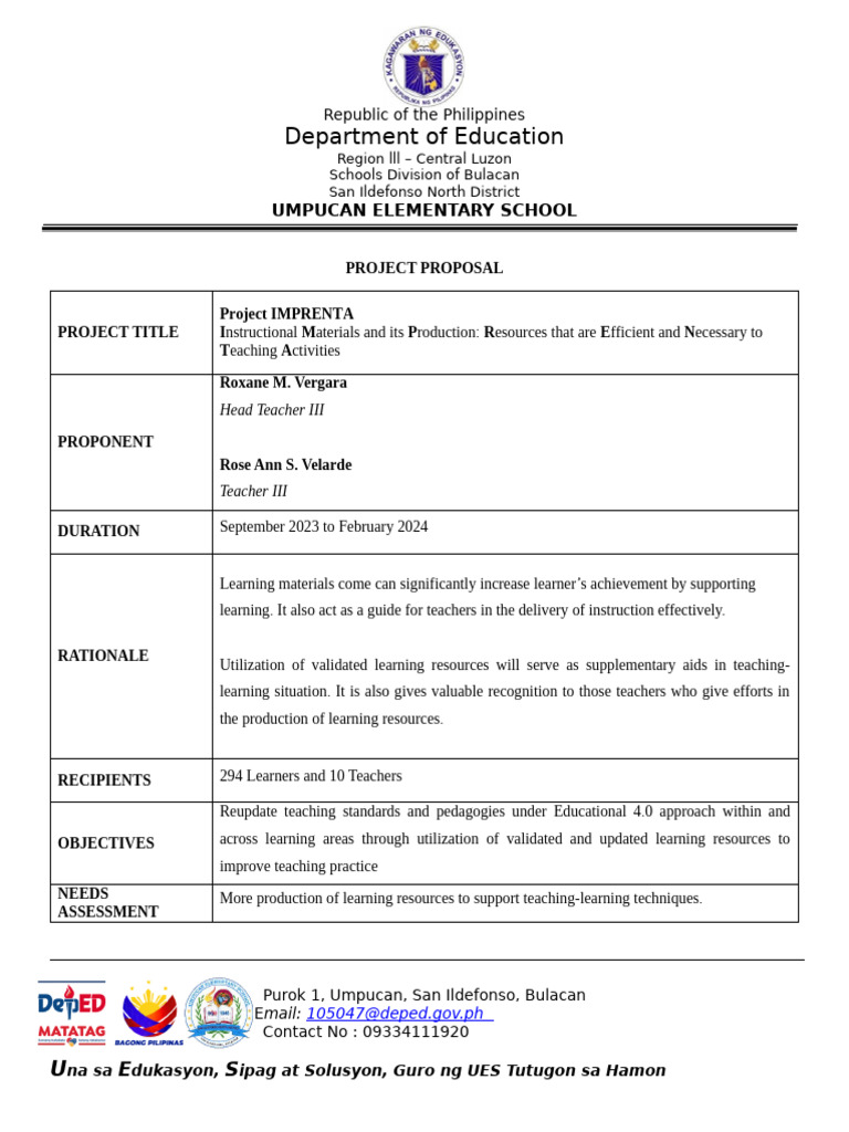 Umpucan Elementary School Project Proposals | PDF | Teachers | Learning