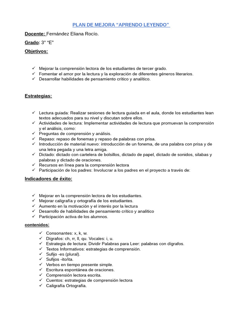 Plan de Mejora Aprendo Leyendo | PDF | Comprensión lectora ...