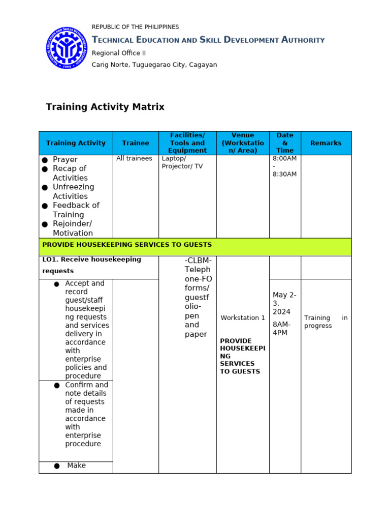 1.training Activity Matrix - Hskdocx | PDF | Laundry | Textiles