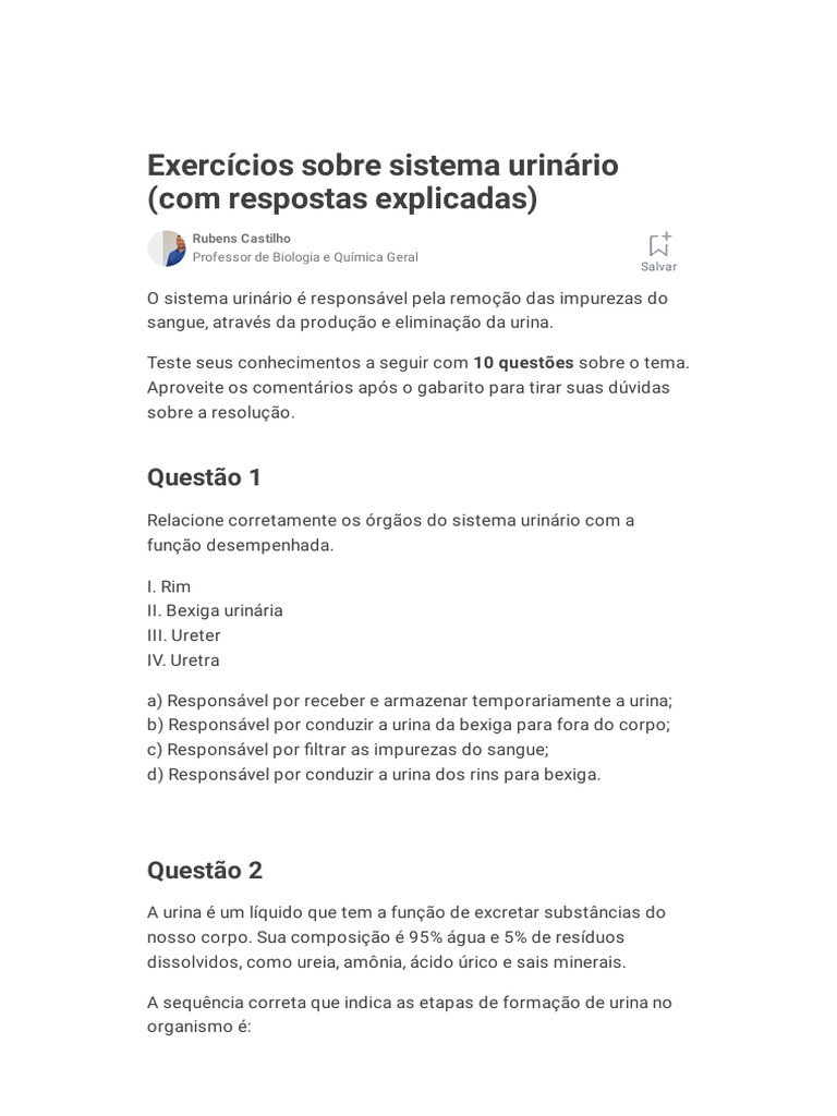 Exercícios sobre o Sistema Urinário | PDF | Sistema urinário | Urina