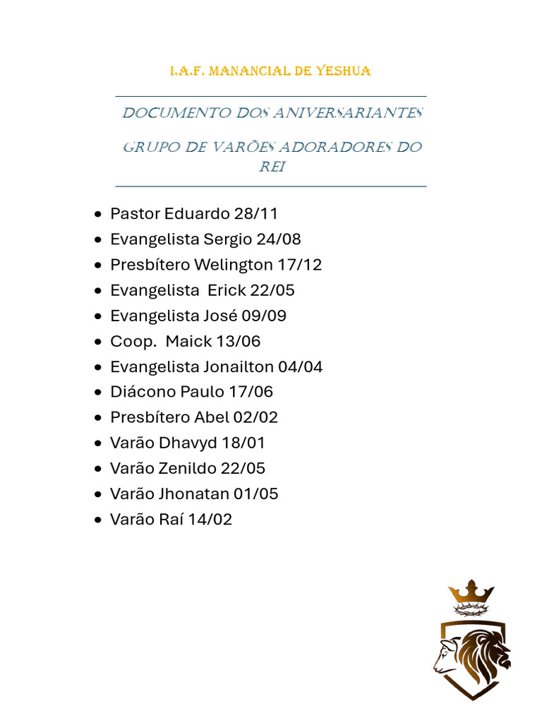 Aniversários dos Varões Adoradores | PDF