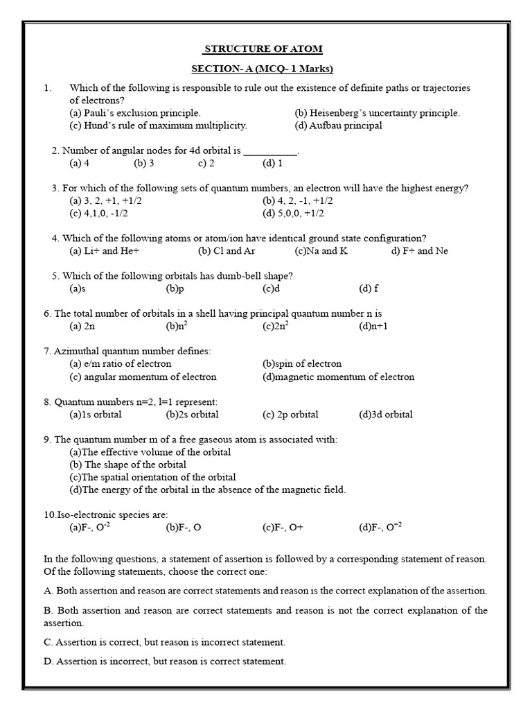 Atomic Structure MCQs and Answers | PDF | Atomic Orbital | Electron