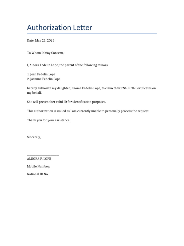 Authorization for PSA Birth Certificates | PDF