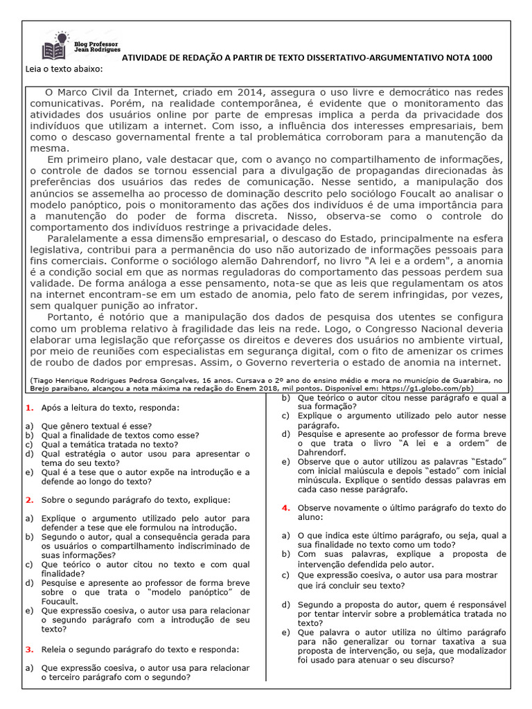 Atividade de Redação A Partir de Texto Dissertativo-Argumentativo Nota ...