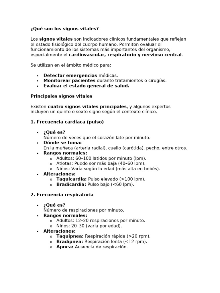 Signos Vitales: Definición y Valores Normales | PDF