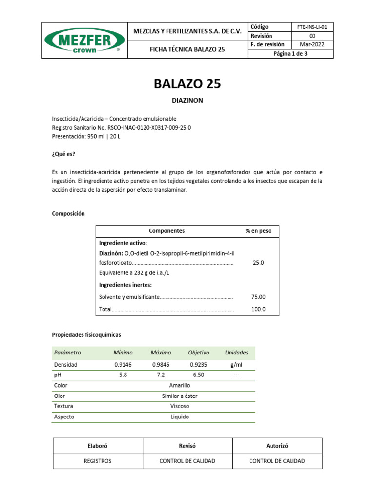 Ficha Técnica Insecticida Balazo 25 | PDF | Insectos