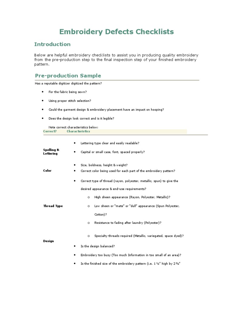 Embroidery Defects Checklists PDF Embroidery Sewing