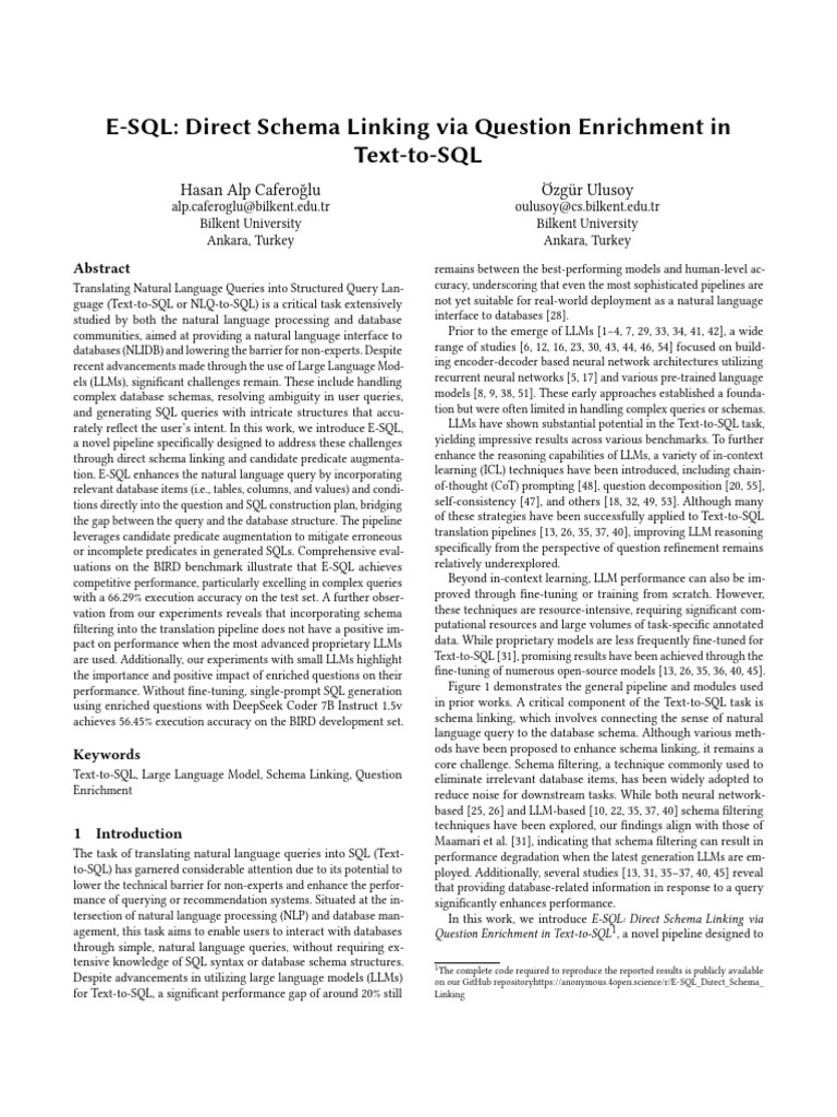 E-SQL Direct Schema Linking Via Question Enrichment in | PDF ...