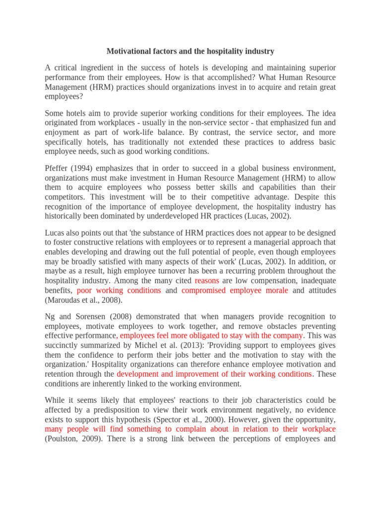 Reading 3. Motivational Factors and the Hospitality Industry | PDF ...