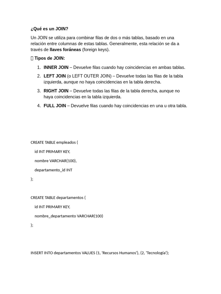 Tipos de JOIN en SQL Explicados | PDF