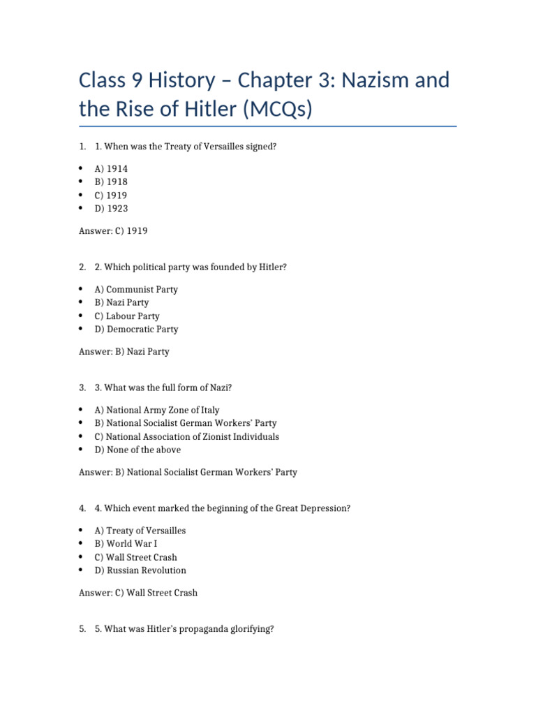 Class 9 History: Nazism MCQs and Answers | PDF