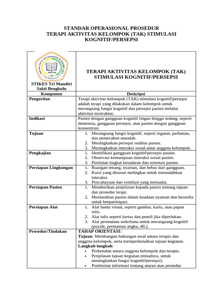 Prosedur Terapi Aktivitas Kelompok Kognitif | PDF