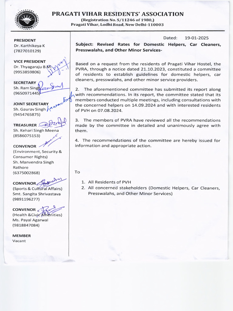 Revised Rates for Domestic Services in PVH | PDF