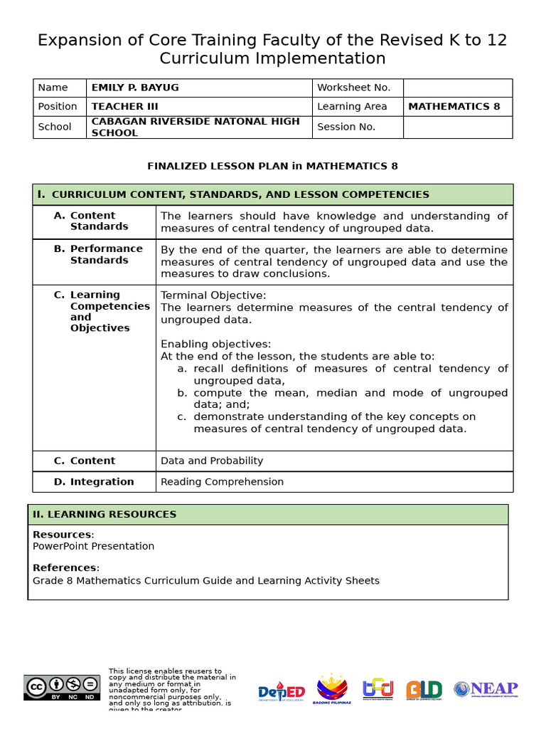 Finalized Lesson Plan: Measures of Central Tendency | PDF | Arithmetic ...