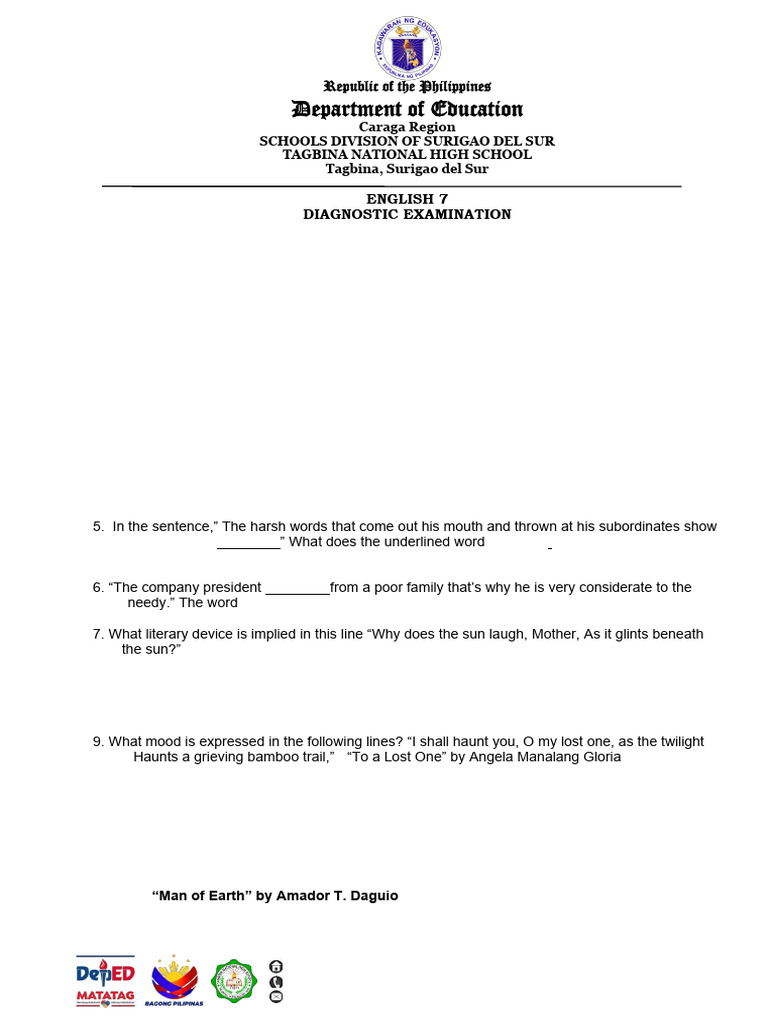 Grade 7 English Diagnostic Test | PDF | Linguistics