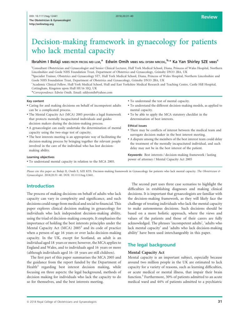 Decision‐making framework in gynaecology for patients who lack mental ...