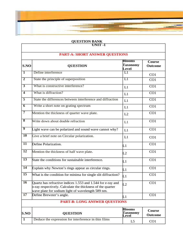 Question Bank Engineering Physics 2023-24 | PDF | Crystal Structure ...