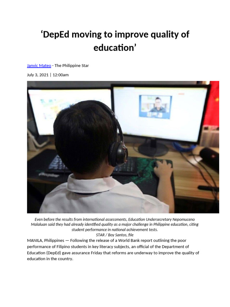 DepEd's Reforms for Education Quality | PDF | Philippines | Programme ...