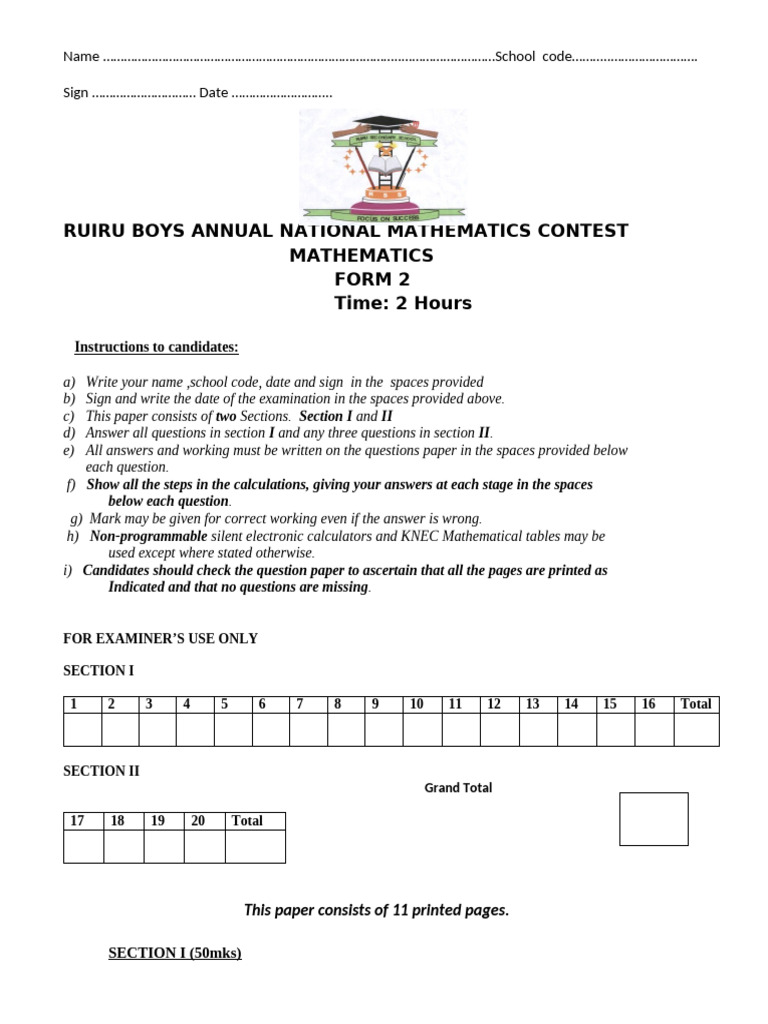 Ruiru Boys Form 2 Math Contest Paper | PDF | Area | Density