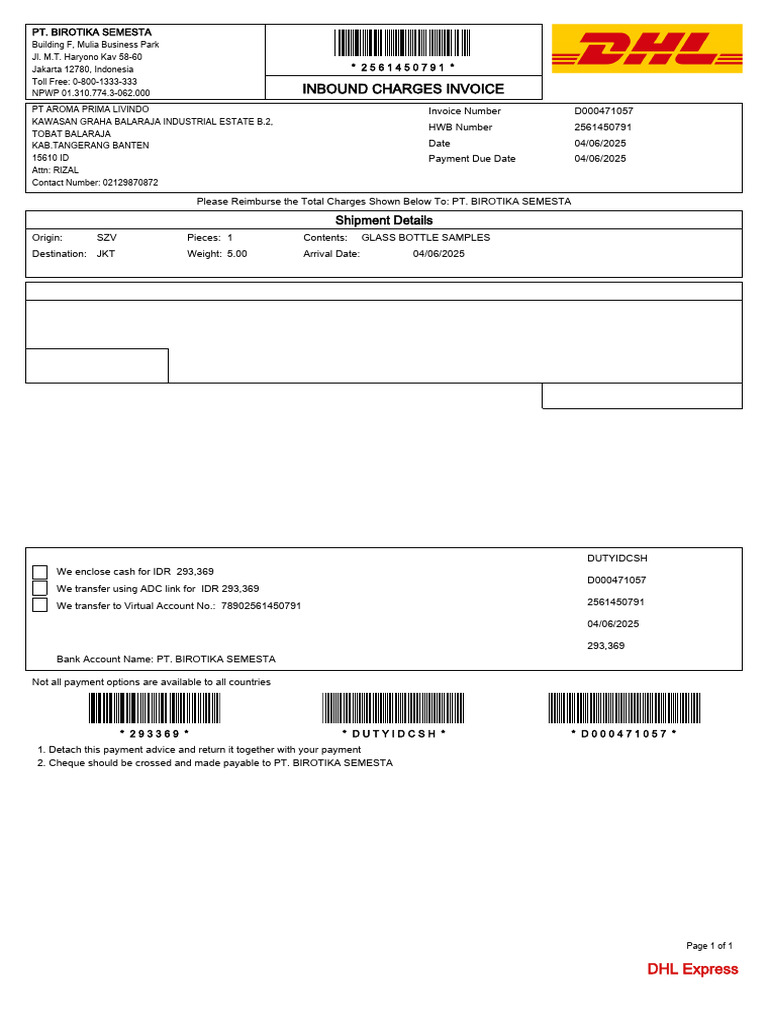 AWB Example for PT Aroma Prima Livindo | PDF | Invoice | Business Documents