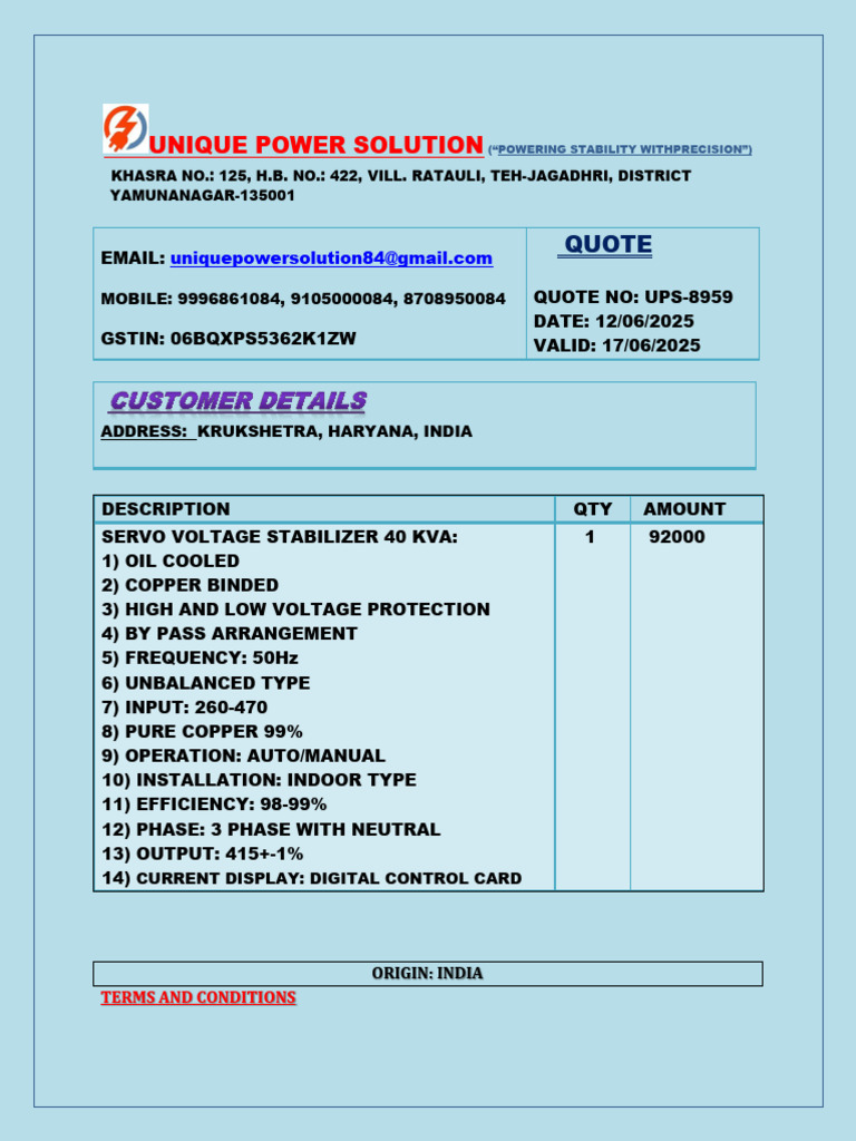 Unique Power Solutions Quotation | PDF