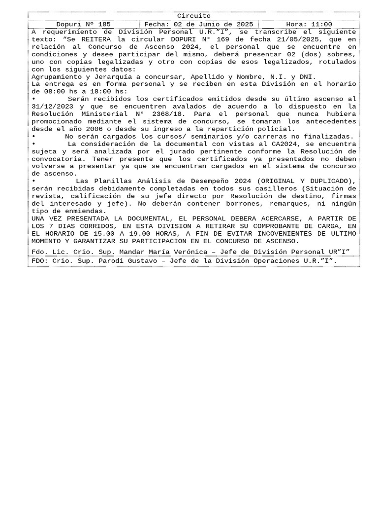 185 - Div. Personal - Reiteracion Documentacion Ascensos 2024 | PDF