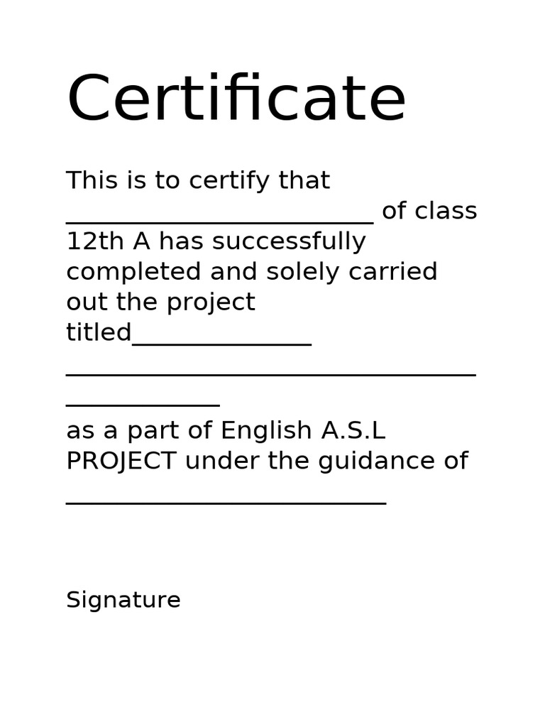 Class 12 English ASL Project Certificate | PDF