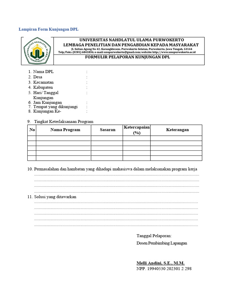 Formulir Kunjungan DPL Universitas NU | PDF