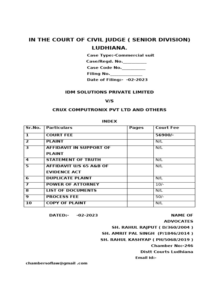 Index of Civil Suit | PDF | Affidavit | Legal Procedure