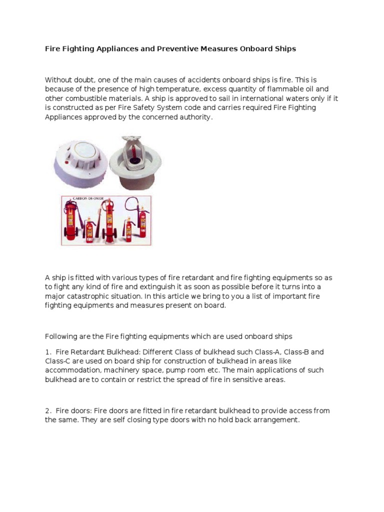 Fire Fighting Appliances and Preventive Measures Onboard Ships Fires