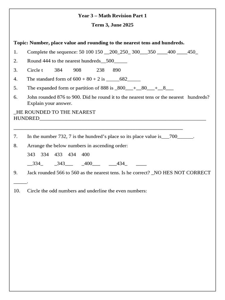 Year 3 Math Revision: Numbers & Operations | PDF