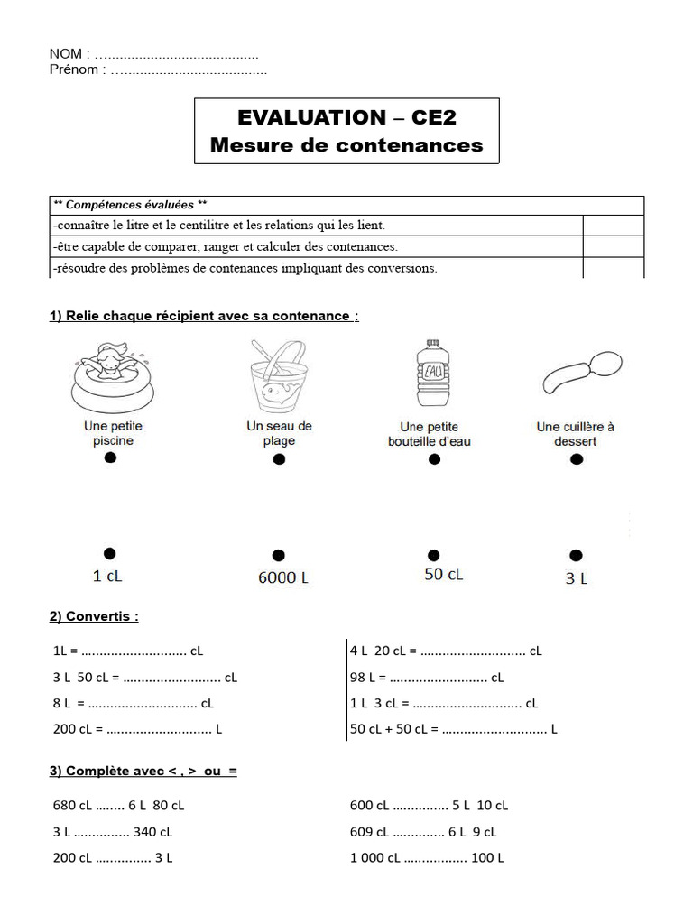 Évaluation des contenances CE2 | PDF | Jus | Régime et nutrition