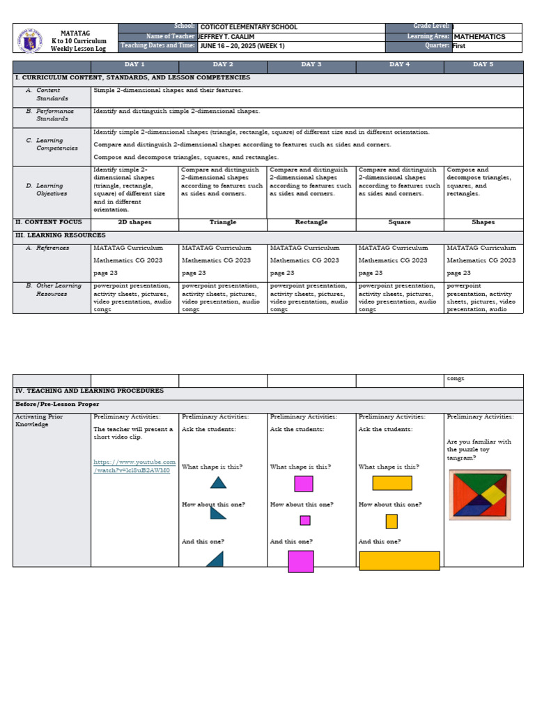 DLL Matatag Mathematics 1 q1 w1 v2 | PDF | Shape | Rectangle