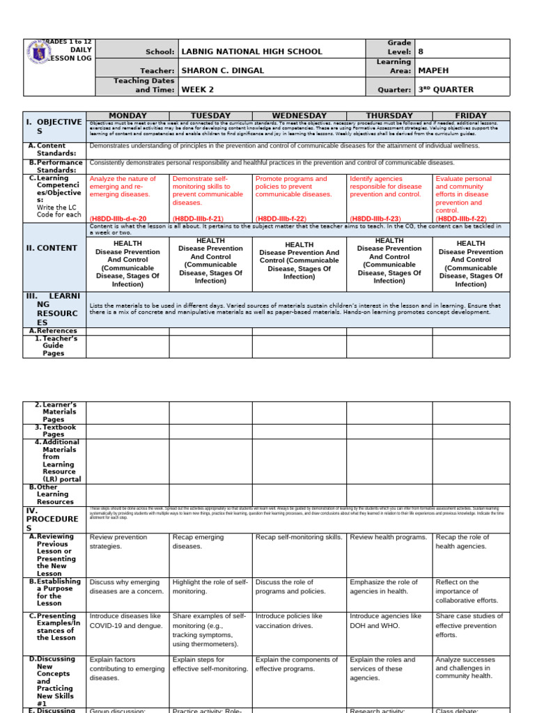 Grade 8 MAPEH Lesson Plan: Disease Control | PDF | Learning | Infection
